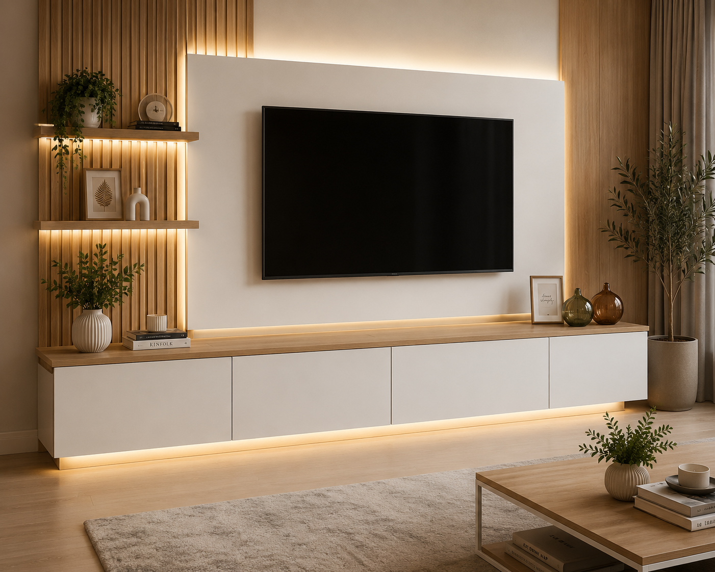 میز تلویزیون دیواری مدرن MDF طرح چوب و سفید | 180 سانتی‌متر