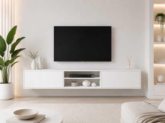 میز تلویزیون دیواری MDF مدل طرح چوب روشن 180 سانتی‌متری
